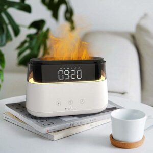 Elegant Alarm Clock Aroma Oil Diffuser Innovative Simulation Flame Humidifier With Timer Function Flame Night Light for Home Office Yoga Gym.